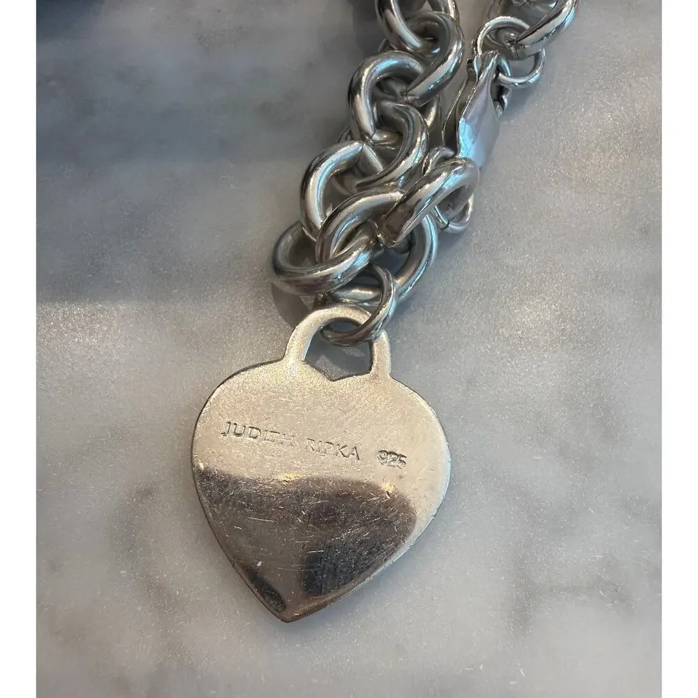 Heavy Judith Ripka 925 Sterling Silver Textured Heart Charm Link Bracelet 51g